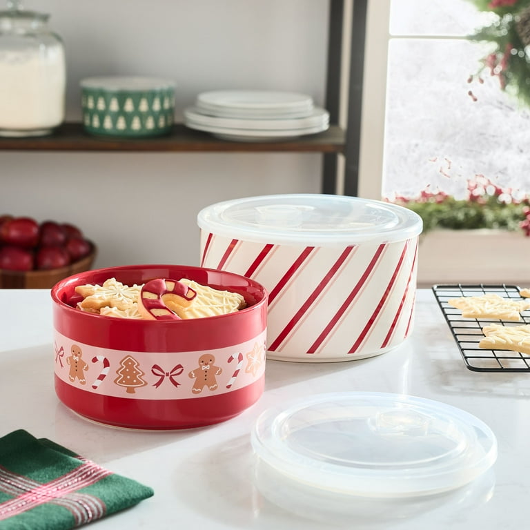 N3399 クリスマス　カッティングダイ Holiday Time 4-Piece Stoneware Bake & Store Set with Lids, Stripes