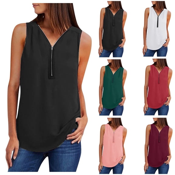 Ashirexll Tank Tops for Women, Summer Sleeveless Zip Front Casual Tunic V-Neck Rollable Blouses