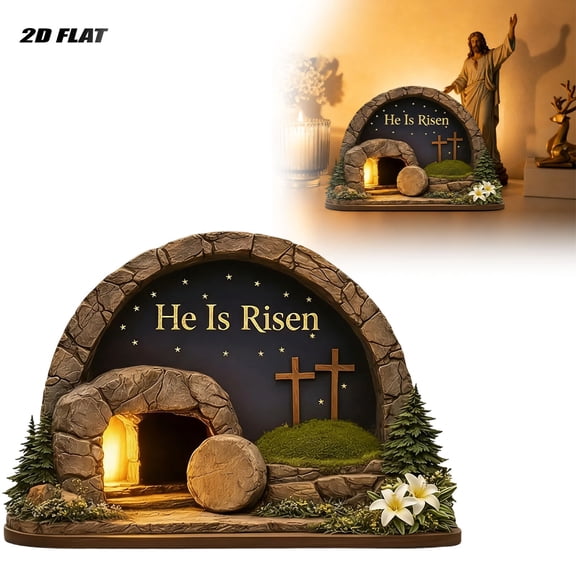 Forestwhale 2D Wooden Easter Resurrection Scene Ornament, He is Risen Hollow Wood Sign, Religious Tabletop Decor for Home, , and Easter Celebrations