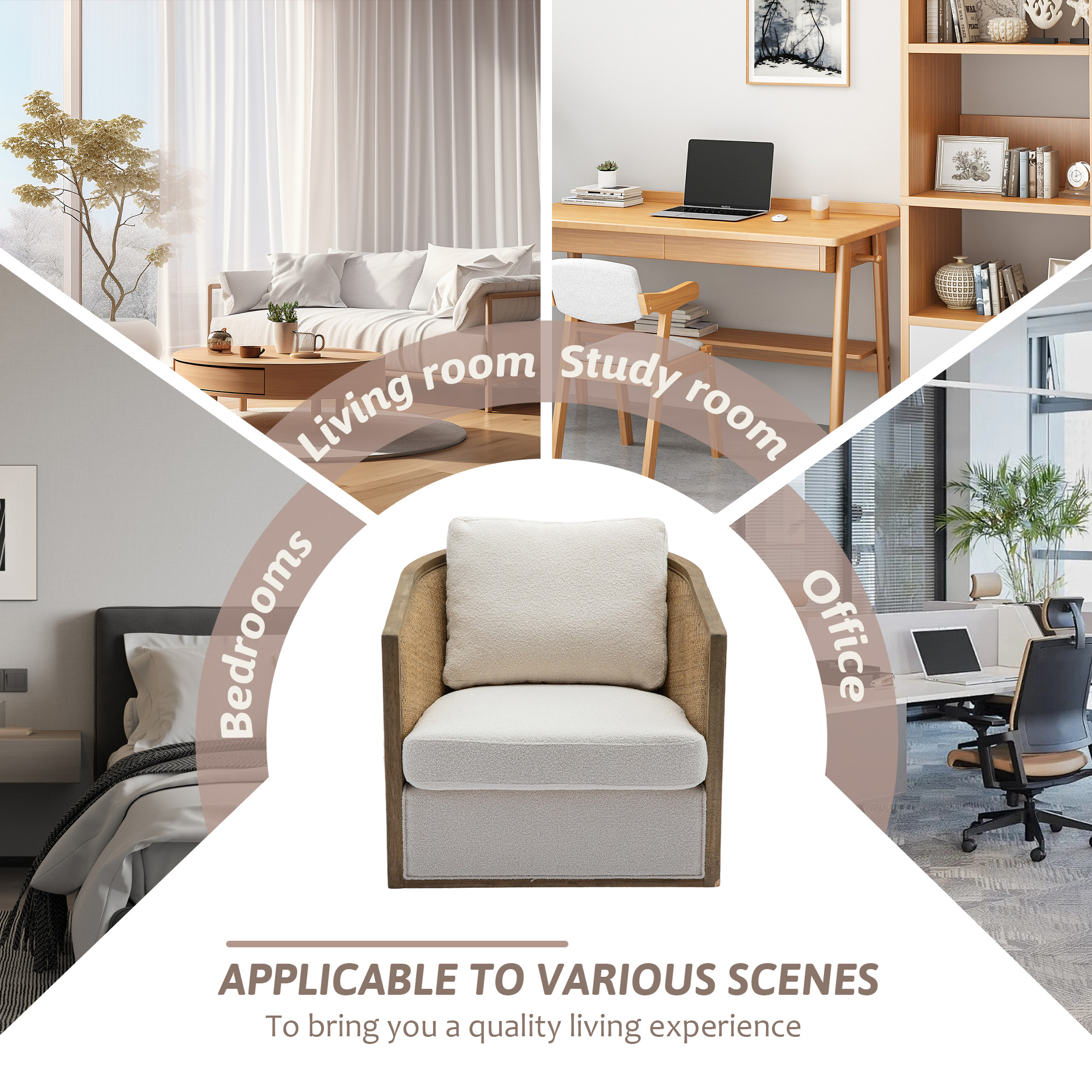 MOONMISS Boucle Upholstered 360°Swivel Hardwood and Rattan Frame Round Barrel Chair-Beige