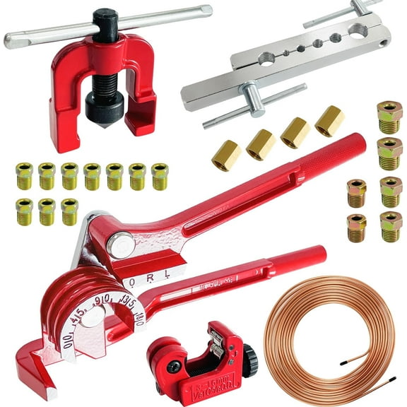 3/16 Inch Brake Line Kit Include 25 FT Copper-Plated Brake Lines with 20 Pcs Fitting, Single Flare Tool, Brake line Bender and Tube Cutter, 3/16 Inch Brake Line Tools kit