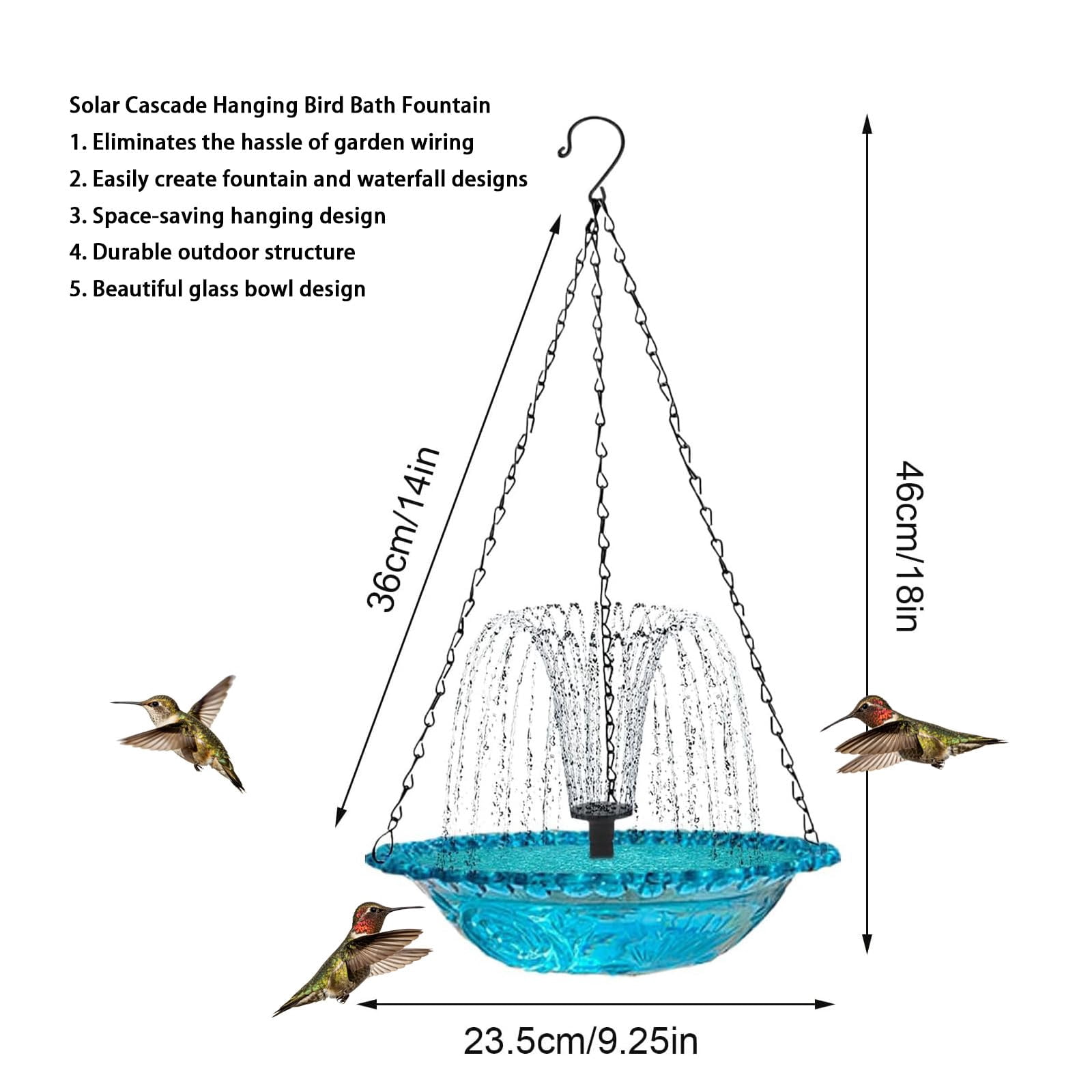 Solar Cascade Hanging Bird Bath Fountain, 2026 New Outdoor Outdoor Hanging Bird Bath with Solars Pump & Glass Bowl, Large Humming Birds Baths Fountains for Garden, Patio, Lawn Decor