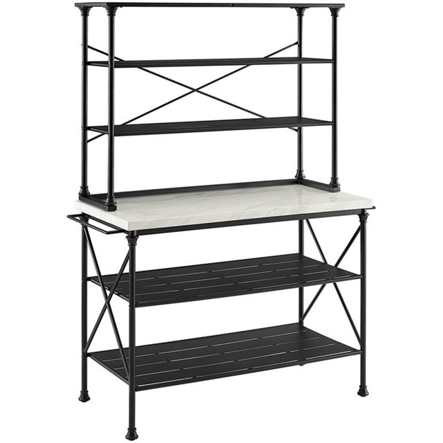 Pemberley Row Faux Marble White Matte Black Bakers Rack Rectangular Indoor Furniture 72" Unassembled