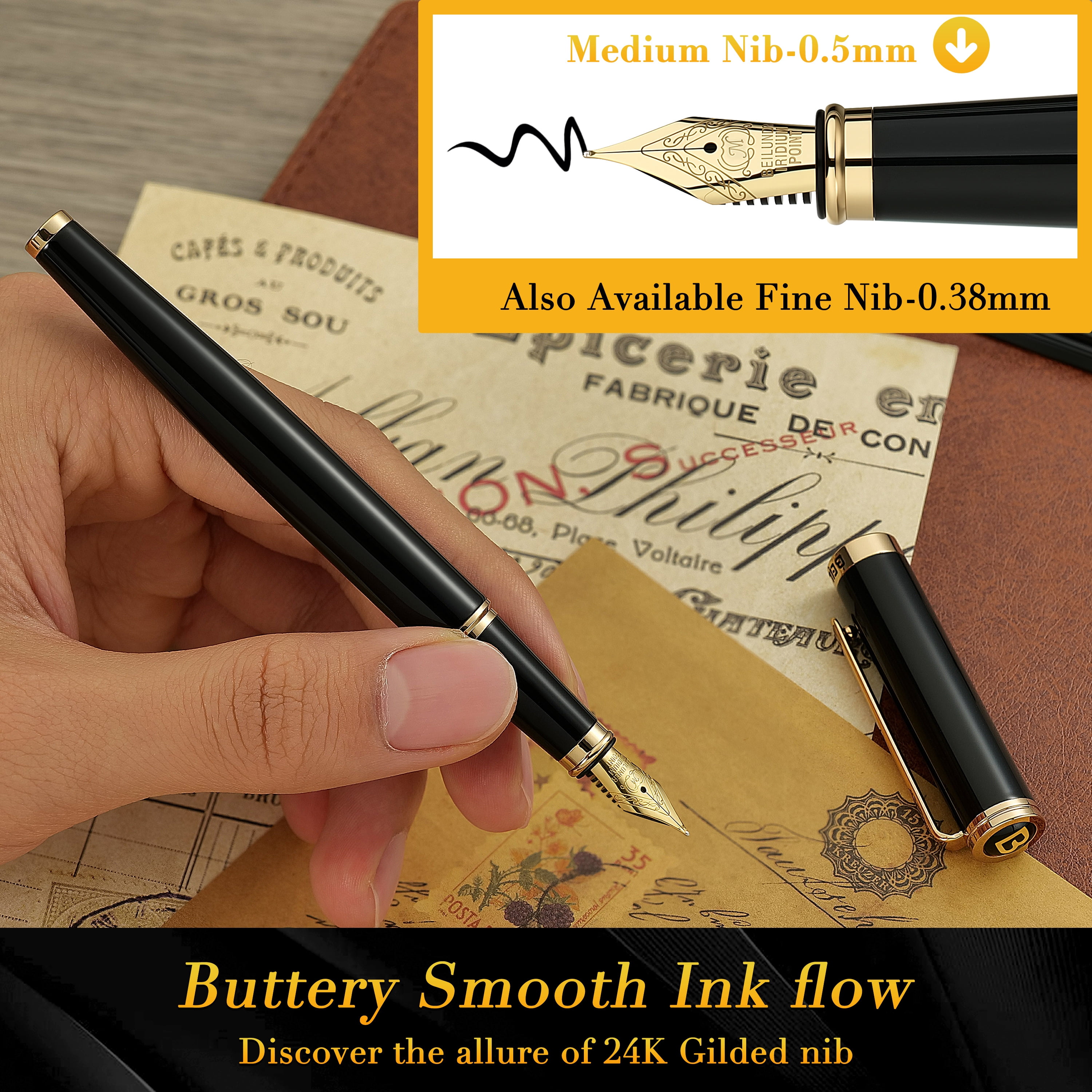 BEILUNER Black Fountain Pen,Stunning Luxury Pen,24K Gilded Nib(Medium),Gorgeous 24K Gold Finish,German Schneider Ink Converter,Trustworthy Pen Gift for Men&Women-Elegant, Office,Nice Pen for Writing
