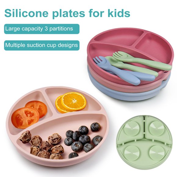 Silicone Baby Feeding Set Divided Suction Plate with Toddler Spoon And Forks BPA Free Independent Eating Baby Led Weaning Supplies
