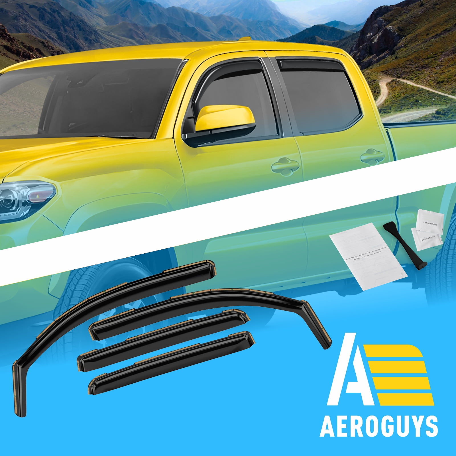 AEROGUYS In-Channel Window Deflectors Extra Durable Window Visors Rain Guards Fit for Toyota Tacoma 2016-2023 Double Cab, Sun Visors, Wind Deflectors, Vent Visors, Truck Accessories - 4pcs. AG0529