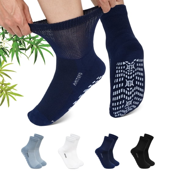 UNEEI Diabetic Grip Socks for Men Women, 4 Pairs Bamboo Viscose Wide Non Slip Socks, Non Binding Seamless Socks for Swollen Feet, Size 11-13