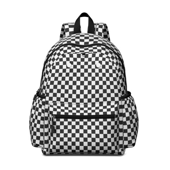 Black and White Checkered Pattern Backpack for School, Cute School Bag with Adjustable Shoulder Straps and Padded Back, 13.4"x11"x4.7"