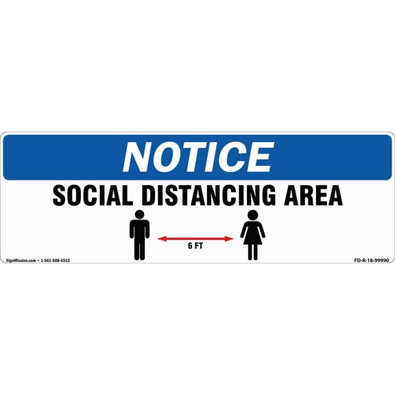 SignMission 6 x 18 in. Non-Slip Floor Graphic Coronavirus Vinyl Decal - Social Distance Area 6 ft. Rectangle - Pack of 6