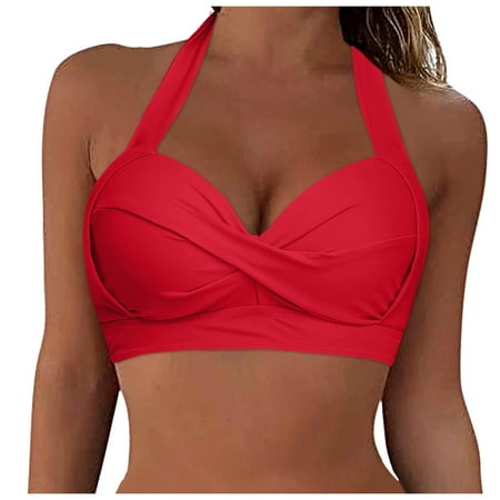 Aayomet Women Bikini Top Push Up Swim Top Halter Retro Bathing Suit Top Padded Swimsuit Top Only (Red  XL)