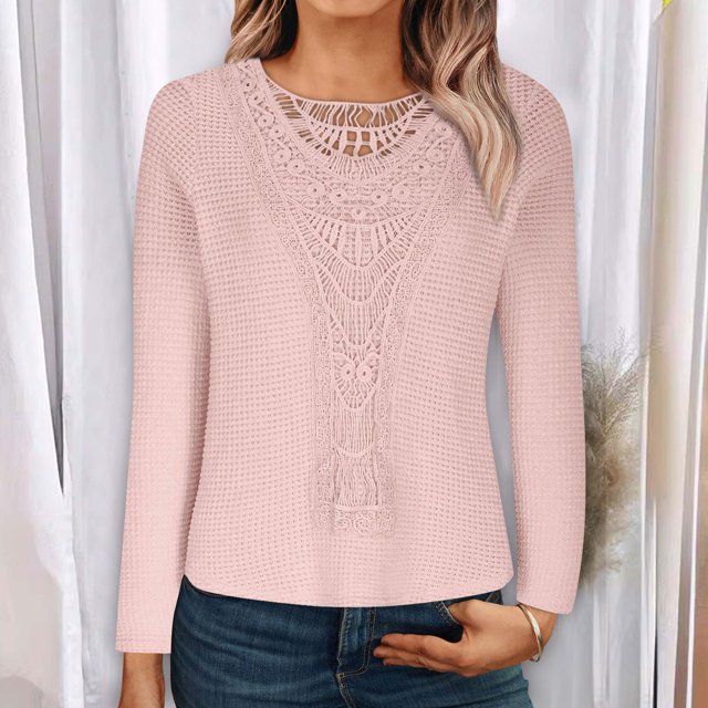 RXIRUCGD Haut Ample à Manches Longues en Dentelle Col Rond Uni pour Femmes, Rose, Taille : m