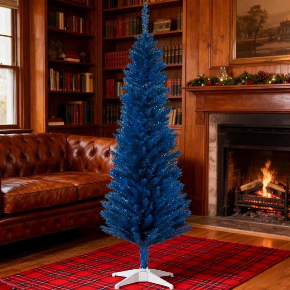 6ft Unlit Blue Pencil Christmas Tree 390 Tips Easy Assembly Plastic Base Small Space Holiday Decor