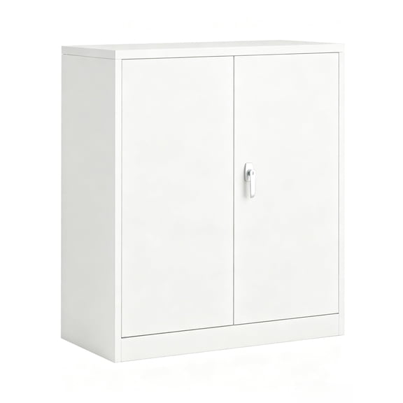35" Metal Storage Cabinet 2 Adjustable Shelves Lockable Doors White
