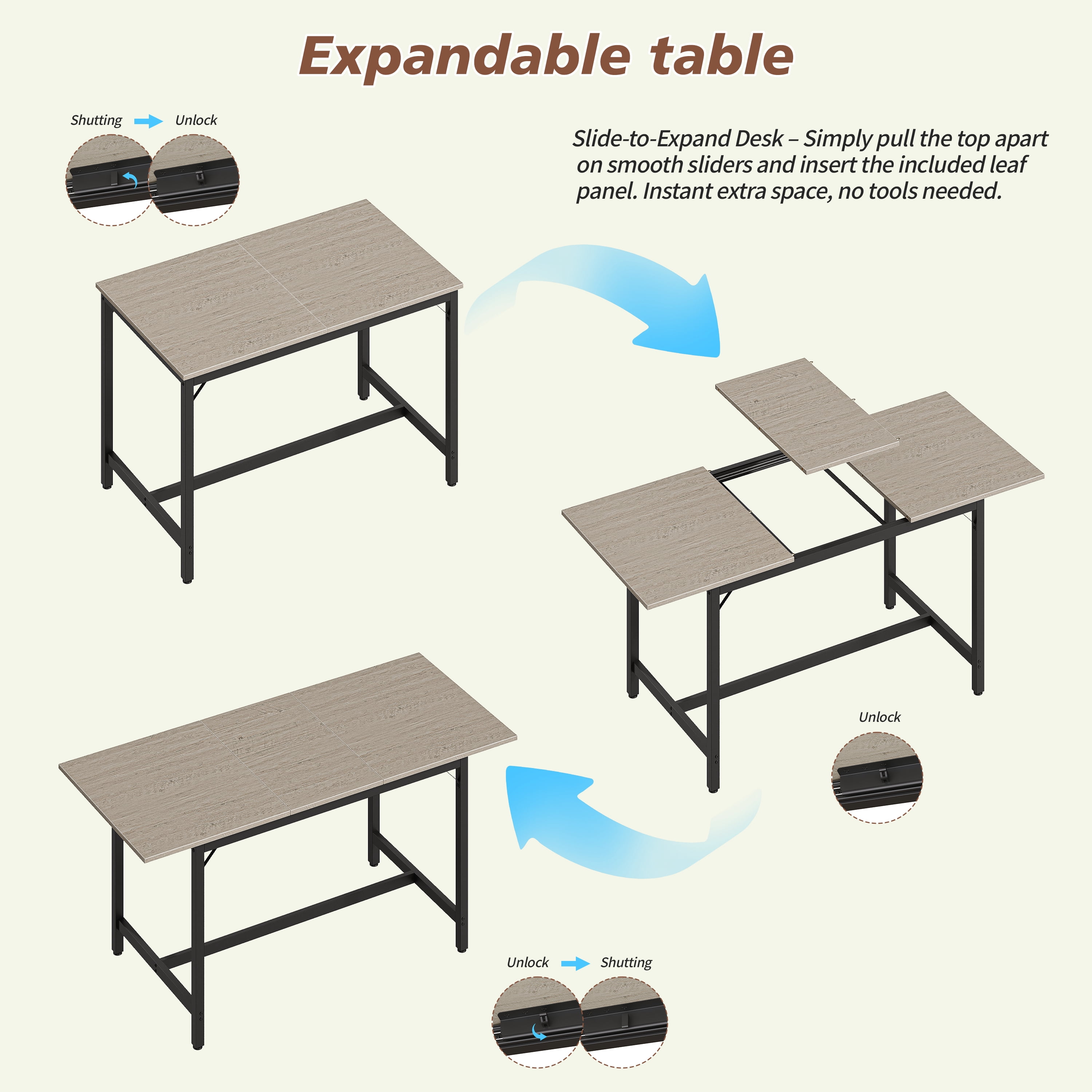 Aukfa 63" Extendable Dining Table Set for 4-8, 3-Piece Kitchen Table Set with 2 Benches & 2 Stools, Space Saving Wood Table & Metal Frame,Gray