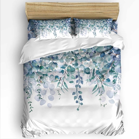 Farmhouse Queen Size Comforter Set, Watercolor Blue Eucalyptus Leaf Rustic Botanical Soft Bedding for All Seasons, 4 Pcs Bed Set with 1Comforter (90"x92") ,1 Sheet(94"x116"), 2 Pillowcases (19"x29")