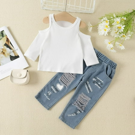 

Wiueurtly Toddler Kids Baby Girls Long Sleeve Ribbed T Shirt Tops Hole Crop Denim Jeans Long Pants 2PCS Outfits Clothes Set Baby Girl 3 Month Pajamas