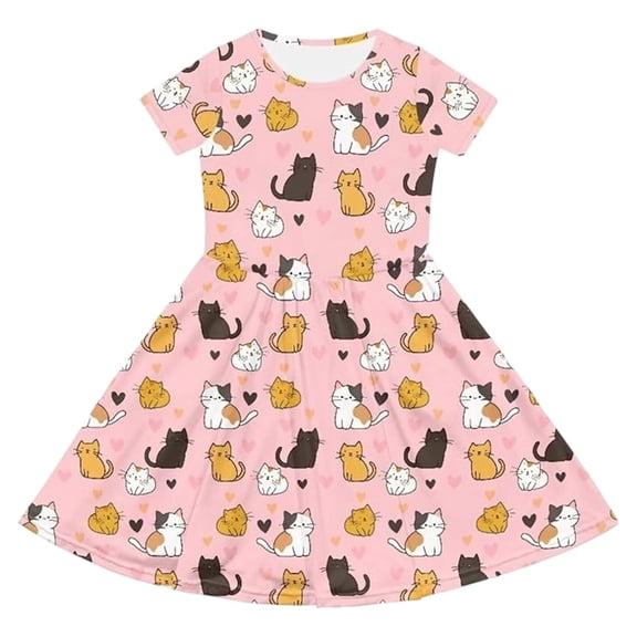 Bjutir Toddler Girls Dress Cartoon Cat Print Short Sleeve Dress Leisure Crewneck Dresses For Casual Wear, Size 4-14 Years, Pink