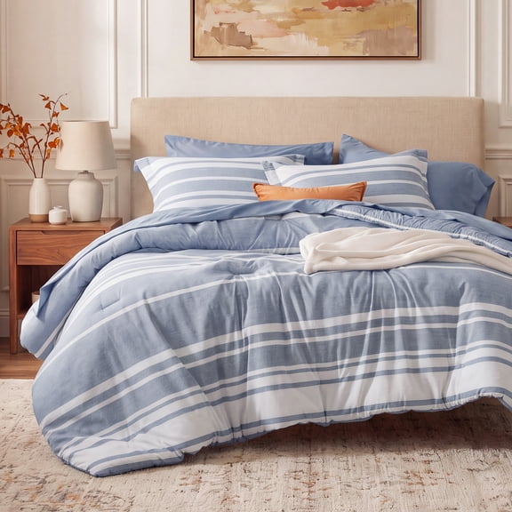 U by Bedsure Queen Cationic Dyeing Comforter Set Blue, 7 Pieces Reversible Bed in a Bag, Striped Bedding Set, All-Season