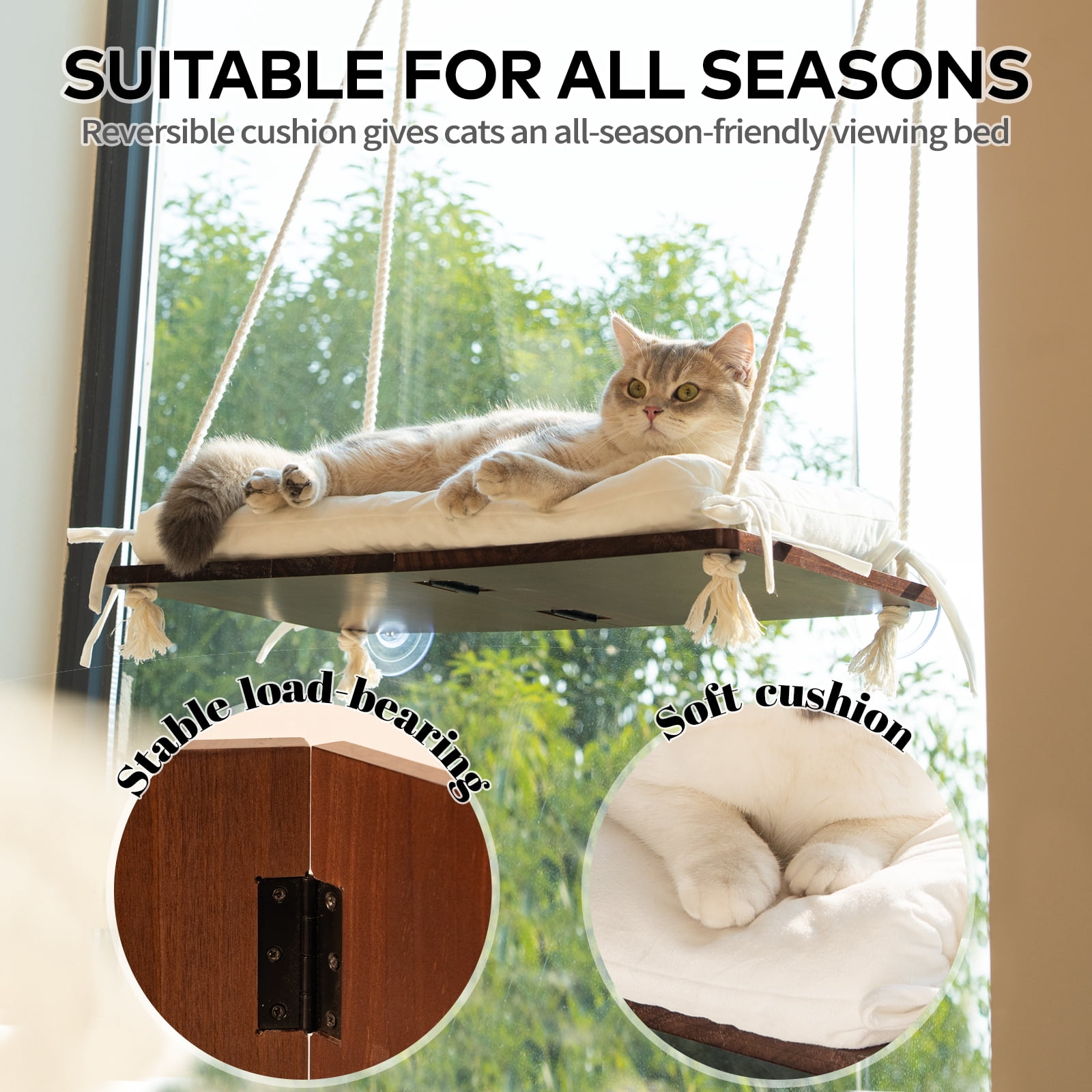 CheerPals Cat Window Perch with Cushion, 27.5*15In Solid Wood Hammock Bed, 45lb Capacity for Indoor Cats