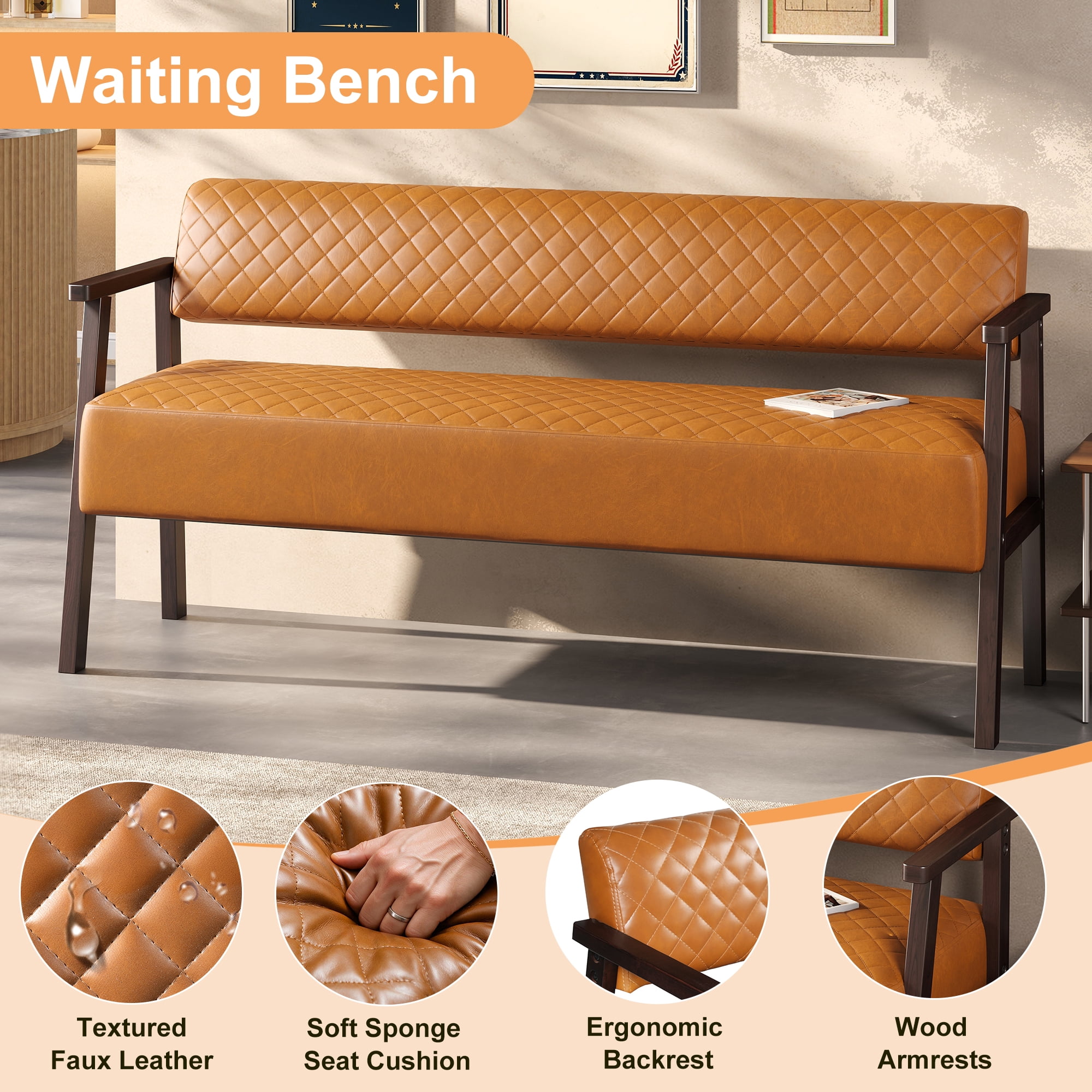 AISWORD 2PCS 58.27" PU Faux Leather Upholstered Bench Set with Backrest,Diamond Quilted Entryway Bench with Wood Arms for Living Room,Office & Salon Waiting Room,Dark Brown
