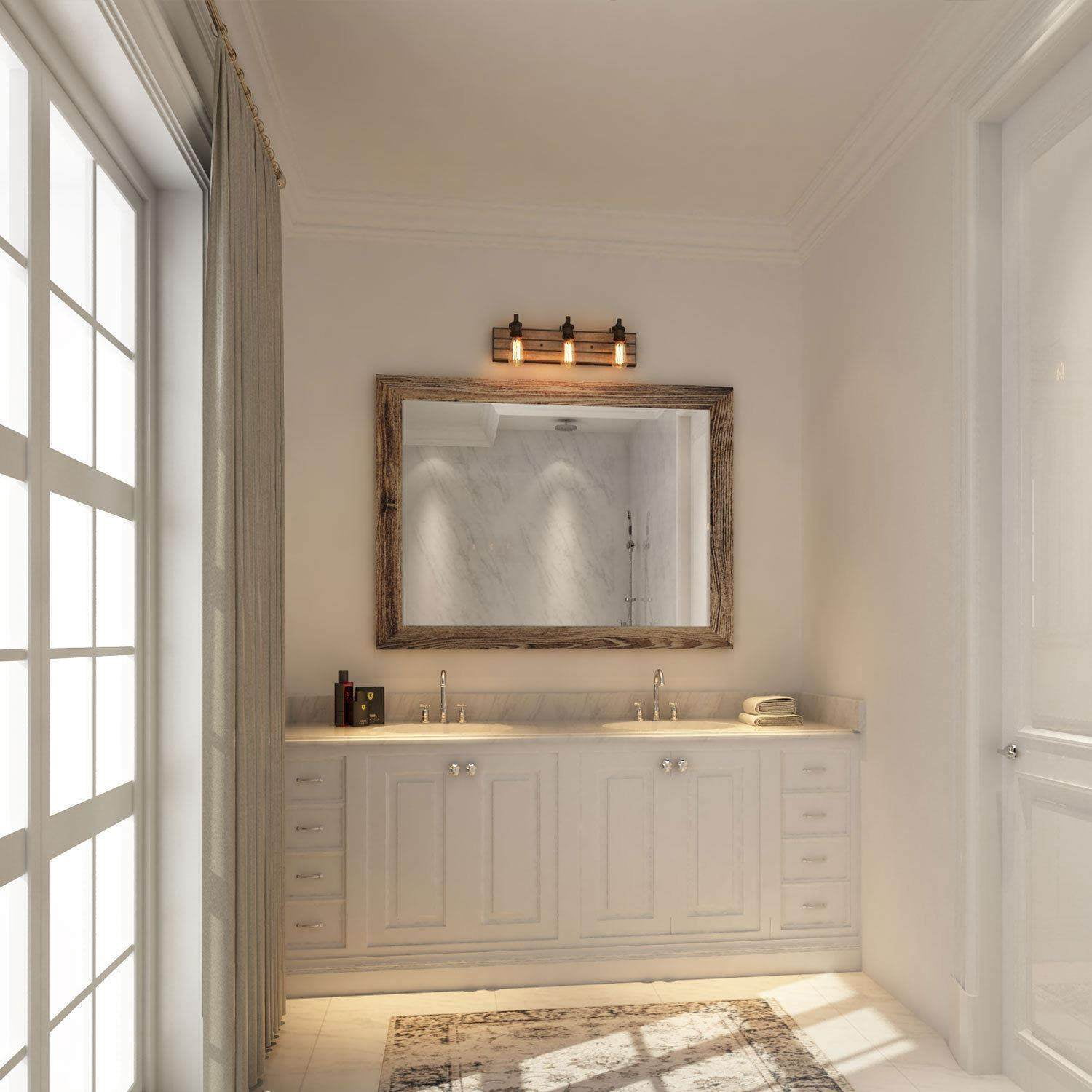 LNC 3-Light Bronze and Brown Wood Farmhouse Bathroom Vanity Light,21.3"L x 5.9"D x 5.1"H
