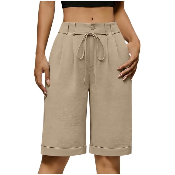 cocolona Womens Summer Casual Bermuda Shorts Elastic Waist Drawstring Wide Leg Knee Length Beach Shorts with Pocket