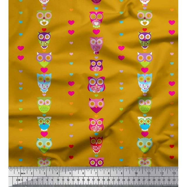 Soimoi Rayon Crepe Fabric Heart & Owl Kids Decor Fabric Printed Yard 46 Inch Wide