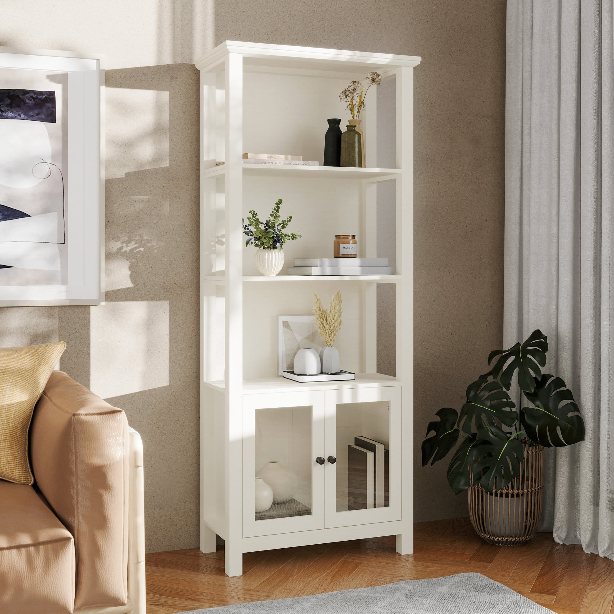 BizChair Modern Farmhouse Wooden Bookcase and Storage Cabinet with Tempered Glass Doors and 3 Upper Shelves in White