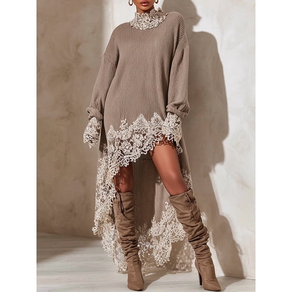 Women's Khaki Round Neck Long Sleeve Casual Mini Dress with High Low Hem
