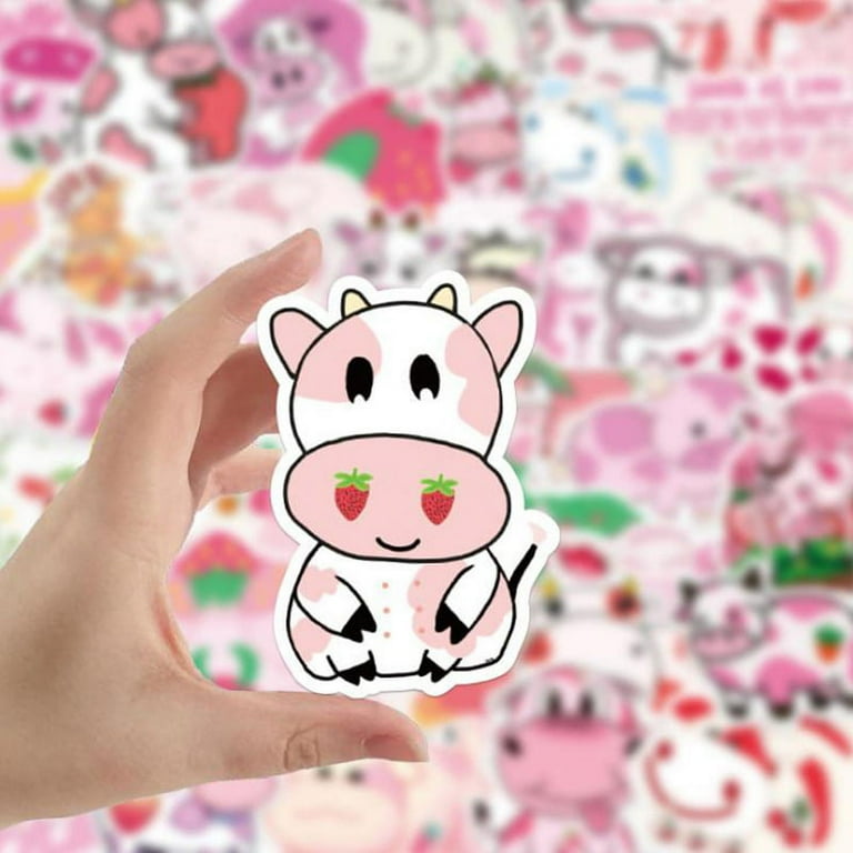 Party Yeah 50Pcs Cartoon Pink Strawberry Cow Stickers Laptop