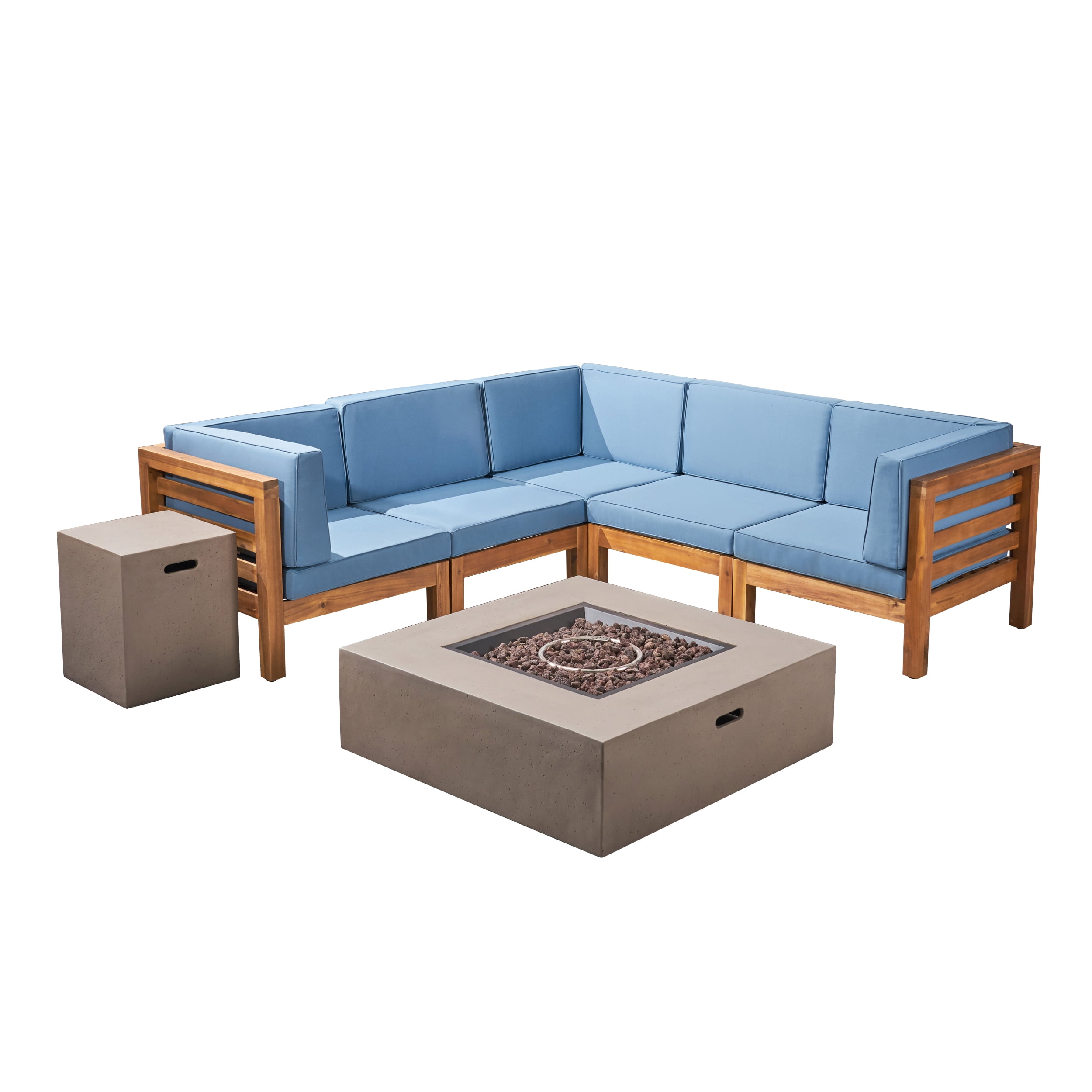Frankie Outdoor 7 Piece Acacia Wood V-Shaped Sectional Sofa Set with Cushions and Fire Pit, Teak, Blue, Light Gray