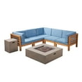 thumbnail image 2 of Frankie Outdoor 7 Piece Acacia Wood V-Shaped Sectional Sofa Set with Cushions and Fire Pit, Teak, Blue, Light Gray, 2 of 11