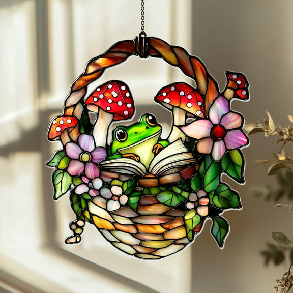 Reading Frog in Floral Basket Acrylic Suncatcher Faux Stained Acrylic Window Hanging with Toadstools and Flowers, Cottagecore Bookish Decor