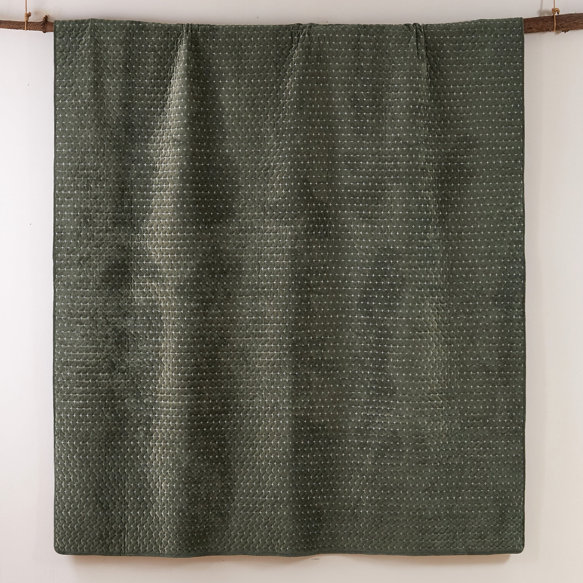 Levtex Home - Velvet Stitch Quilt Set - King Quilt and Two King Shams - Cross Stitch Velvet - Green with White - Quilt (106x92in.) and Shams (20x36in.) - Reversible - Polyester