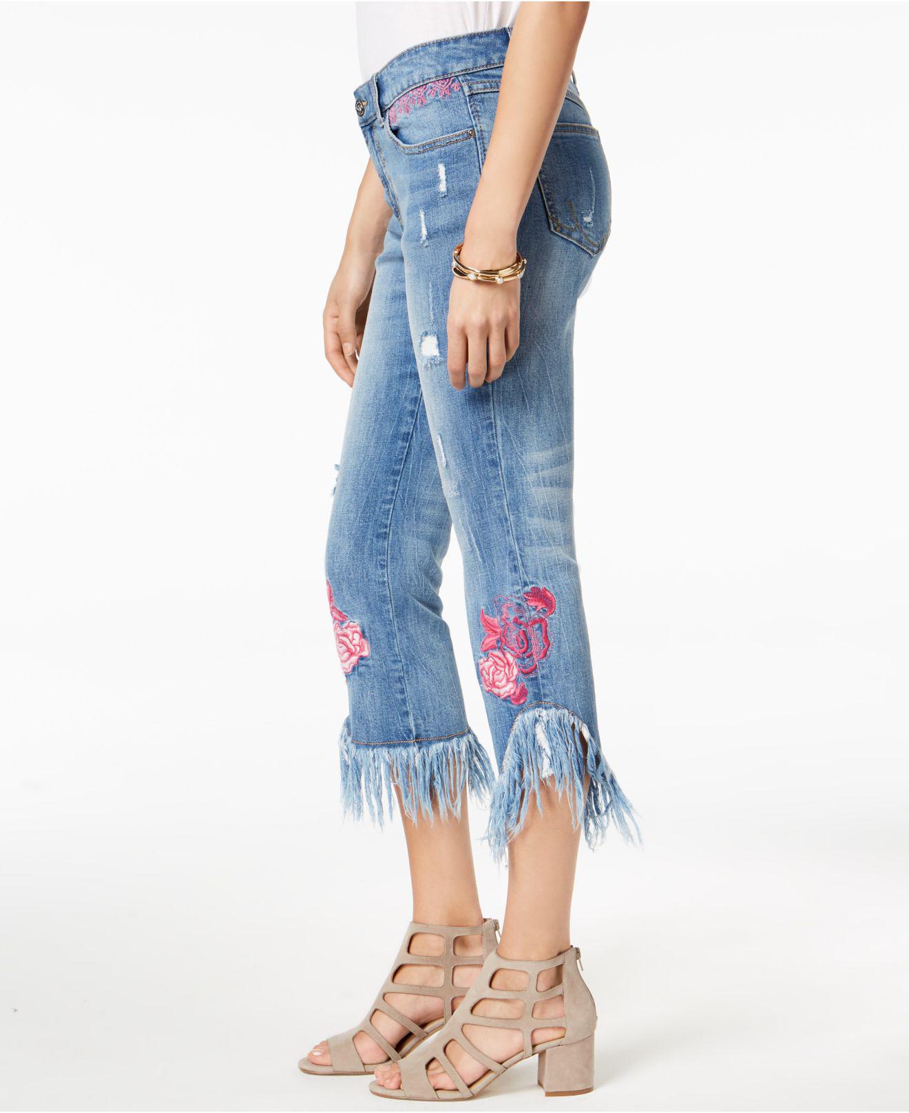 Fringe-Trim Embroidered Cropped Jeans 