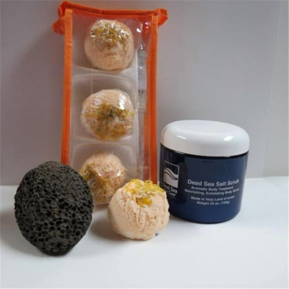 Dead Sea Spa Care DeadSea-BBTMM04 3 Pack Mango Mandarin Bubble Bath Truffles, 24 oz Almond Dry Salt Scrub & Pumice Stone