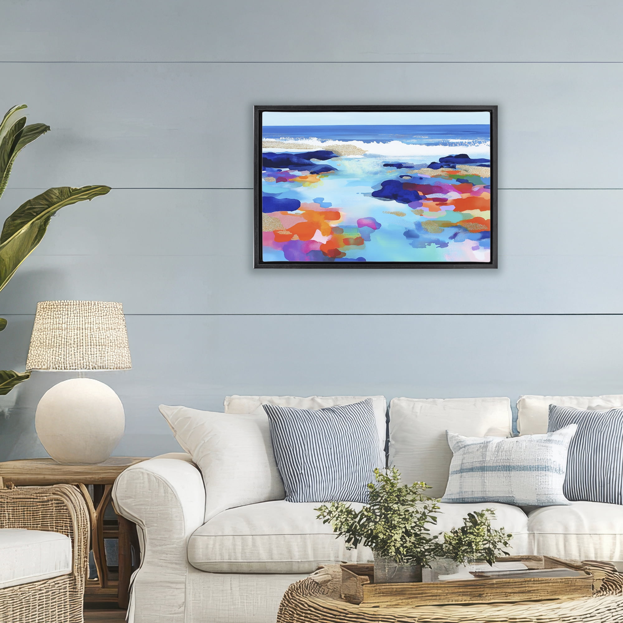 Stupell Industries Coastal Pools Overlay Abstraction Black Framed Floater Canvas Wall Art, design by Chromatic Storm Studio