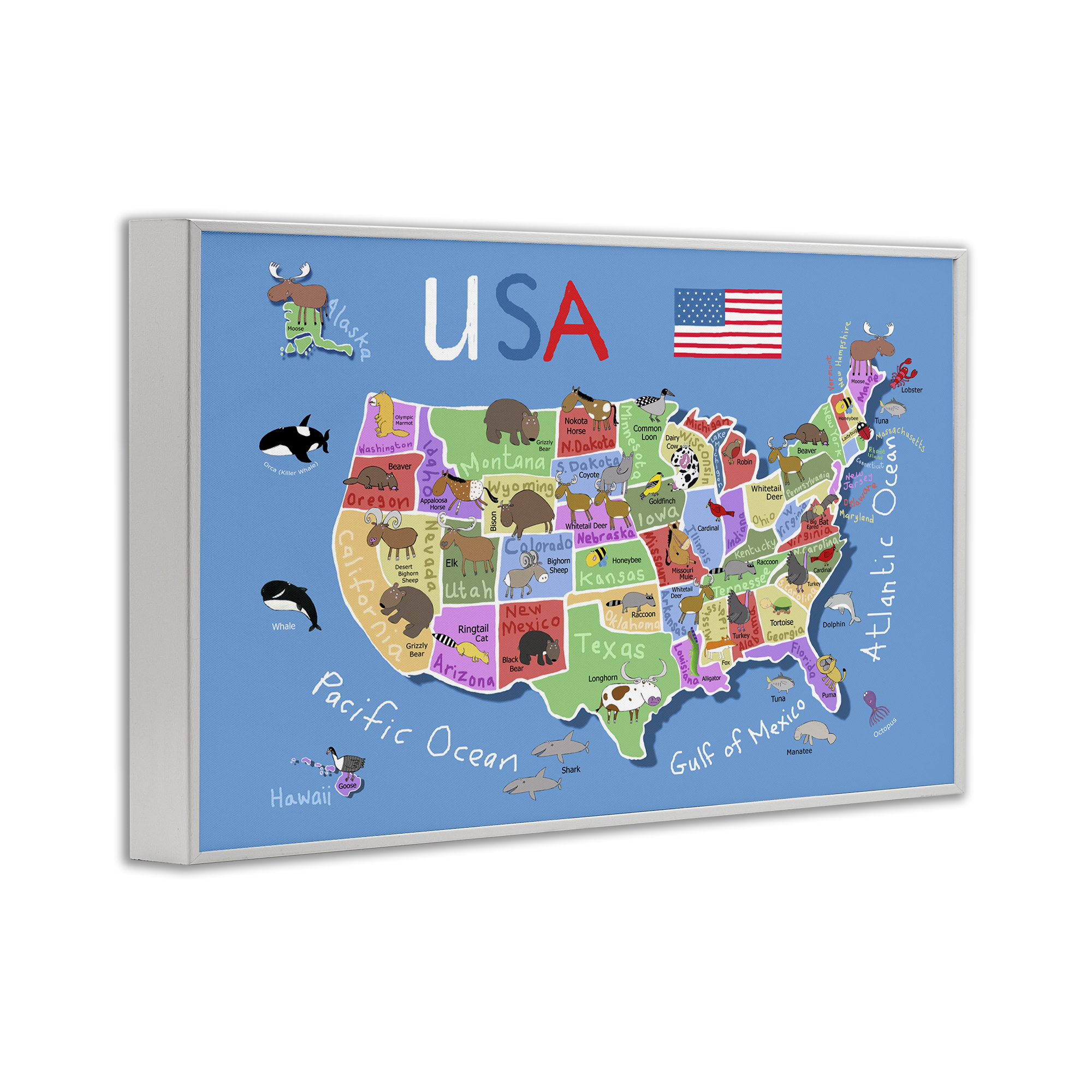 Stupell Industries United States Animal Map Travel & Places Painting White Framed Art Print Wall Art, 30 x 20