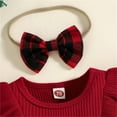 thumbnail image 5 of Generic 2025 New Children's Christmas Outfits Girl's Suit Long Sleeve Round Neck Ruffle Bow Red Plaid 2pc Dress Easy Nappy Change with Headband12-18 MonthsRed, 5 of 9
