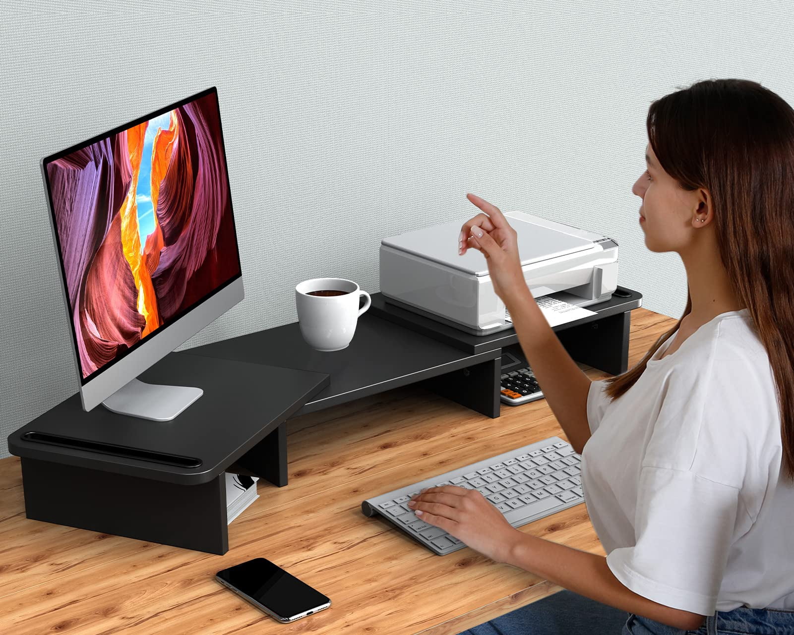 Dual Monitor Stand Riser  With Adjustable Length And Angle Wood For Desk 2 Monitors Storage Space
