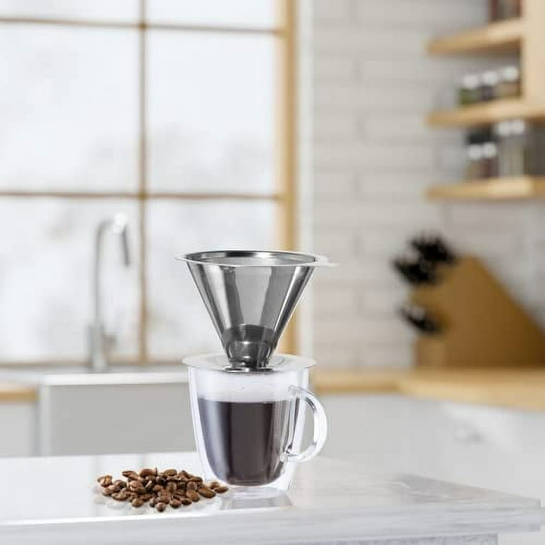 OGGI Pour Over Coffee Dripper Stainless Steel - Slow Drip Coffee Filter  Metal Cone Paperless Reusable Single Cup Coffee Maker 1-2 Cup with Dual  Layer Mesh, 4.5x3.25 / 11.4x8.3cm 