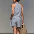 thumbnail image 5 of Women's Striped Ruffle Halter Sleeveless Tank Top Drawstring Pocket Shorts 2 Piece Outfit, Summer Beach Casual Matching Set Blue XL(XL), 5 of 5