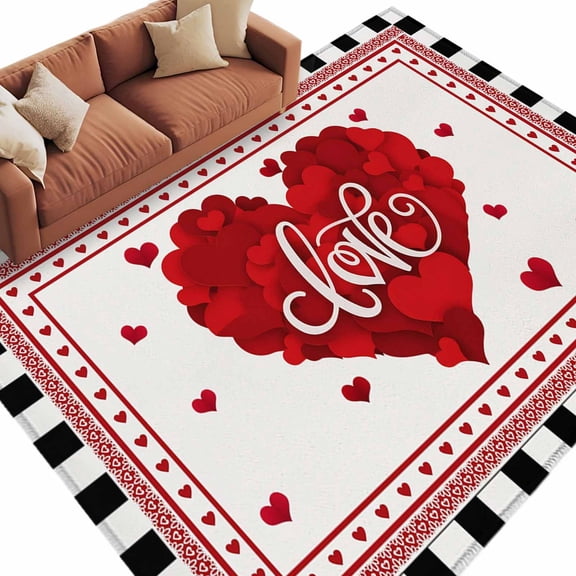 6x9 Area Rugs for Living Room, Valentine's Day Non Slip Area Rugs for Kitchen Bedroom Entryway, Red Love Heart Plaid Modern Art Washable Carpet Runner Rug Floor Mats for Bedroom Home Decor