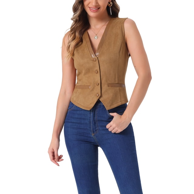 CHALECO SIN MANGAS DE SUEDE FALSO V DE MUJER INSPIRAR CHIC, BOTONES, VINTAGE, CASUAL, COLOR MARRÓN CLARO, TALLA S
