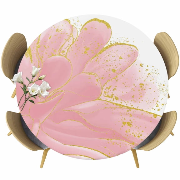 Pink Gold Round Tablecloth, Fitted Table Cover with Elastic for 55"-60" Round Tables, Boho Modern Abstract Minimalist Aesthetic Flower Table Cloth Outdoor Indoor Dinning Party Waterproof Tablecloths