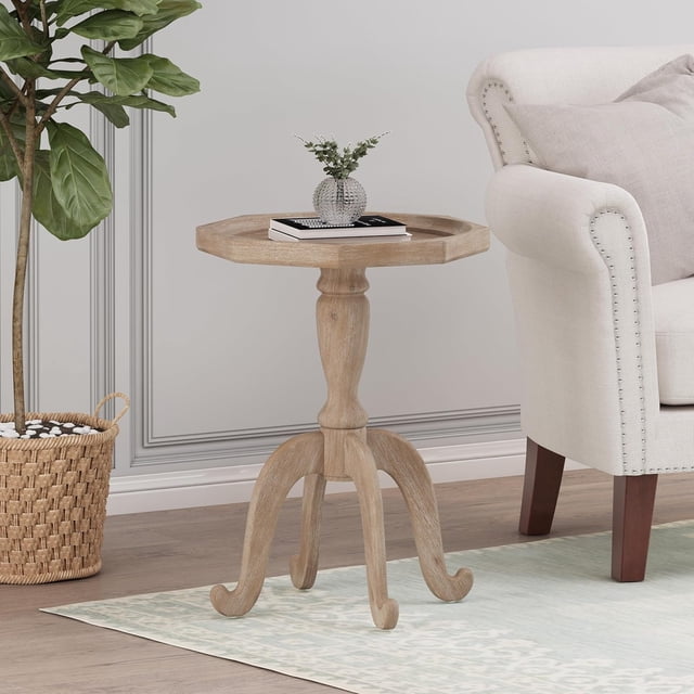French Country Accent Table, Distressed Wood End Table with Lipped Tabletop, Rustic Farmhouse Side Table for Living Room, Bedroom & Entryway, Pedestal Shape