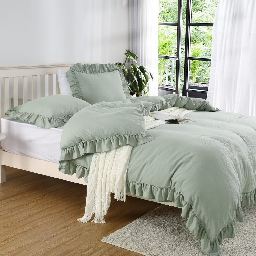 Yiwa 90x90 in Ruffle Duvet Cover Queen Size Soft Washed Microfiber Vintage French Country Duvet Cover Set for Queen Bed, Set of 3, Sage Green