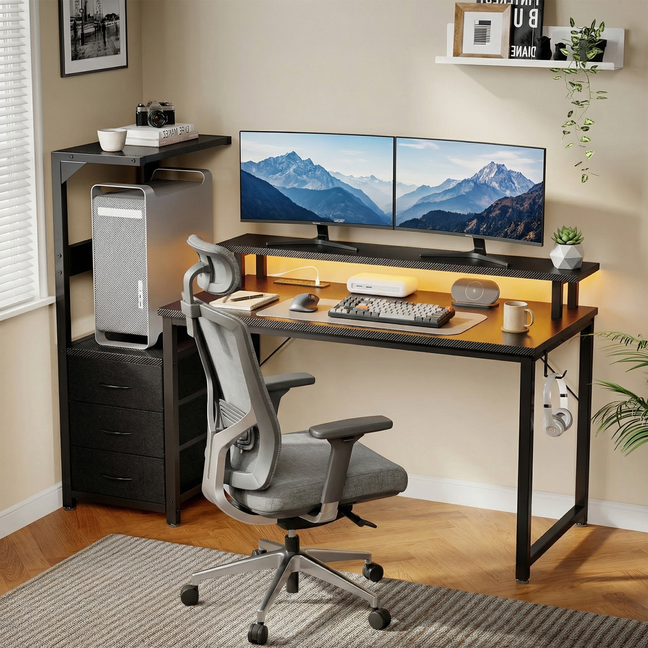 edx 52" Gaming Desk, USB Ports & LED Lights, Reversible Table with Monitor Stand for Home Office, Carbon Fiber Black