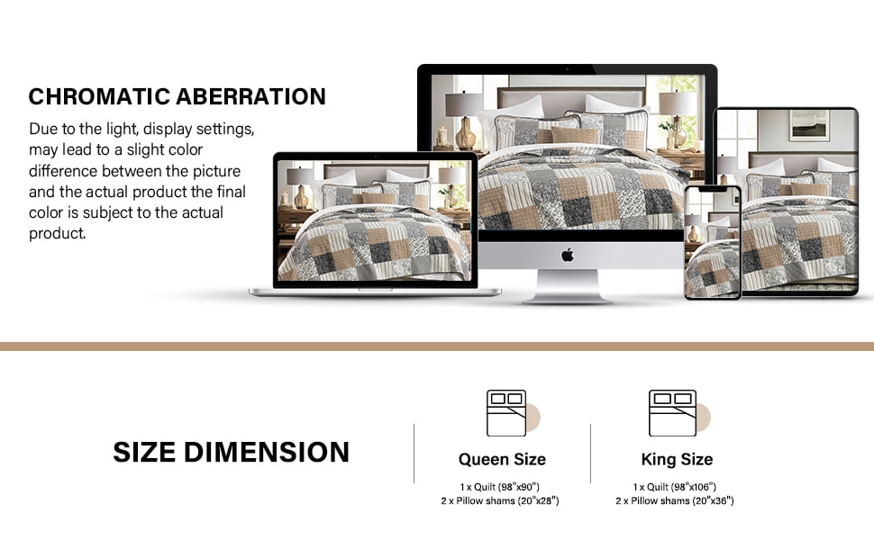 CozyDH 3-Piece 100% Cotton Rustic/Lodge Queen Quilt Set, Brown Plaid Patchwork Bedspread with 2 Shams