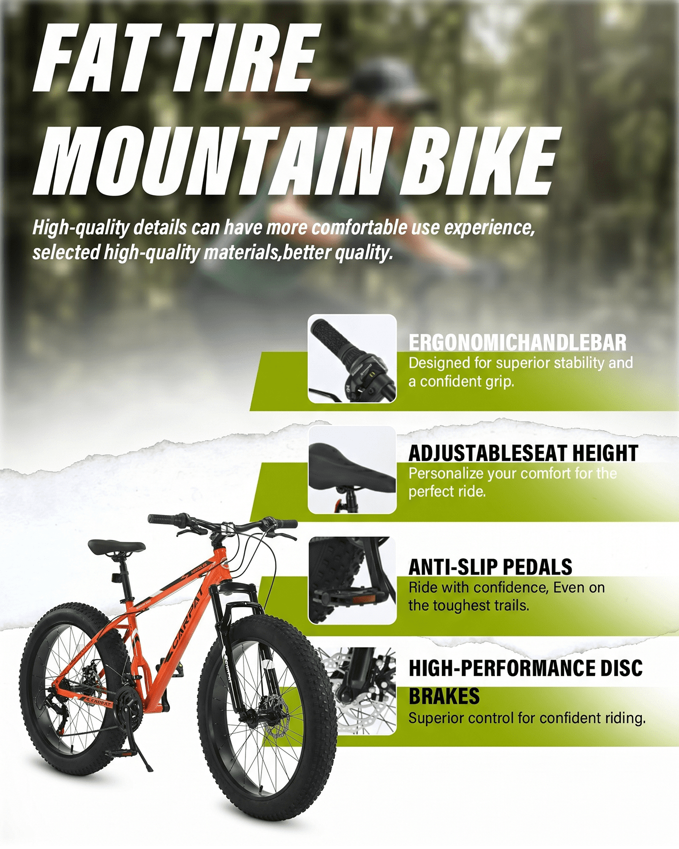 26 inch Fat Tire Mountain Bike for Adult, Outdoor Cycling Bike with 21-Speed for Men Women, High Carbon Steel Frame, Dual Disc Brake, 4 Inch Wide Tires, Front Suspension, Anti-Slip Bikes, Orange